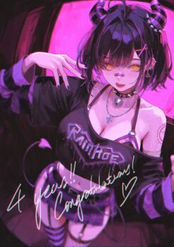 1girl 96yottea ahoge asymmetrical_legwear bandaid bandaid_on_face bandaid_on_nose bell belt black_belt black_hair black_nails black_shirt black_thighhighs breasts collar commentary demon_girl demon_horns demon_tail earrings english_commentary english_text fishnet_thighhighs fishnets garter_straps hair_ornament highres horns indie_virtual_youtuber inverted_cross_necklace jewelry jingle_bell large_breasts long_sleeves looking_at_viewer midriff milestone_celebration mismatched_legwear multicolored_hair multicolored_thighhighs navel neck_bell open_mouth purple_hair purple_horns purple_skirt purple_streaks purple_thighhighs rainhoe second-party_source shirt short_hair short_sleeves skirt solo spiked_collar spikes standing streaked_hair striped_clothes striped_thighhighs tail thighhighs tongue tongue_out virtual_youtuber x_hair_ornament yellow_eyes
