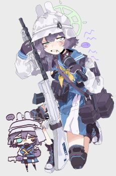Rule 34 | 1girl, animal ears, blue archive, blue eyes, blue serafuku, blush, breasts, chibi, chibi inset, combat helmet, explosive, grenade, grenade pin in mouth, gun, halo, helmet, highres, holding, holding grenade, lahti-saloranta m/26, large breasts, light machine gun, long sleeves, looking at viewer, machine gun, neckerchief, odmised, purple hair, saki (blue archive), school uniform, serafuku, short hair, solo, stahlhelm, stick grenade, weapon, white helmet, yellow neckerchief