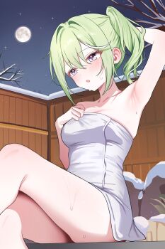 1girl :o arm_up armpits artist_request blush breasts commentary_request crossed_legs feet_out_of_frame full_moon green_hair grey_sky hand_up highres korean_commentary moon naked_towel outdoors parted_lips purple_eyes second-party_source short_hair side_ponytail sidelocks sitting sky snow solo star_(sky) stellive sweat towel virtual_youtuber yuzuha_riko