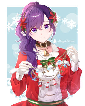 1girl 25-ji_nightcord_de._(project_sekai) absurdres akiyama_mizuki asahina_mafuyu bell belt_collar capelet choker closed_mouth collar collarbone commentary_request dress flower fur-trimmed_capelet fur-trimmed_dress fur_trim gloves hair_between_eyes hair_flower hair_ornament highres holding long_hair merry_christmas neck_bell ponytail project_sekai purple_eyes purple_hair red_capelet red_dress shinonome_ena smile snowflakes upper_body vocaloid watermark white_gloves yoisaki_kanade yuki_tama1231