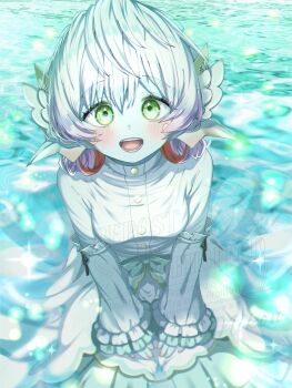 Rule 34 | 1girl, aqua bow, aqua skin, bow, colored skin, commentary, commentary request, dragon quest, dragon quest x, dress, dress bow, fake wings, fins, fish girl, from above, hashtag-only commentary, head fins, head wings, highres, looking at viewer, looking up, multicolored hair, nikon (user aznh7528), open mouth, orange hair, orange nails, purple hair, short hair, sitting, solo, symbol-only commentary, water, watermark, weddie (dq10), white dress, white hair, wings