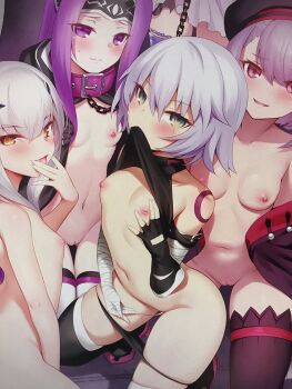 5girls bandaged_arm bandages bare_shoulders beret black_cloak black_coat black_headwear black_legwear black_panties black_vest blush breasts chain cleft_of_venus cloak clothes_lift coat collar cropped_vest dress euryale_(fate) facial_scar melusine_(fate) fate/apocrypha fate/grand_order fate/hollow_ataraxia fate_(series) female_focus forehead forked_eyebrows green_eyes hair_between_eyes hat helena_blavatsky_(fate) highres hood hooded_cloak jack_the_ripper_(fate/apocrypha) loli long_hair looking_at_viewer m-da_s-tarou matching_hair/eyes medusa_(fate) medusa_(lancer)_(fate) medusa_(rider)_(fate) mouth_hold multiple_girls navel nipples nude off_shoulder open_clothes open_coat out_of_frame panties parted_bangs purple_collar purple_eyes purple_hair pussy pussy_juice rider scar scar_across_eye scar_on_cheek scar_on_face short_hair shoulder_tattoo sidelocks small_breasts smile tattoo thighhighs thighs tongue tongue_out uncensored underwear very_long_hair vest white_dress white_hair yellow_eyes
