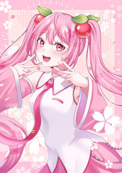Rule 34 | 1girl, absurdres, blush, cherry hair ornament, collared shirt, commentary request, detached sleeves, double v, food-themed hair ornament, hair between eyes, hair ornament, hatsune miku, highres, long hair, long sleeves, looking at viewer, necktie, official alternate costume, open mouth, pink eyes, pink hair, pink nails, pink necktie, pink skirt, pink theme, pink trim, pleated skirt, sakura miku, sani (saaanii), shirt, skirt, sleeveless, sleeveless shirt, smile, solo, twintails, v, very long hair, vocaloid, white shirt, wide sleeves