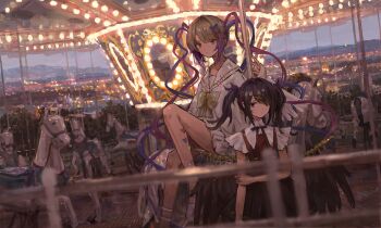 2girls absurdres ame-chan_(needy_girl_overdose) black_eyes black_hair black_ribbon blonde_hair blue_eyes blue_hair bow carousel chouzetsusaikawa_tenshi-chan collared_shirt dual_persona hair_ornament hair_over_one_eye highres long_hair long_sleeves looking_at_viewer miniskirt multicolored_hair multiple_girls neck_ribbon needy_girl_overdose official_art outdoors pink_hair pleated_skirt quad_tails railing red_shirt ribbon riding school_uniform second-party_source serafuku shion_(mirudakemann) shirt sitting skirt standing suspender_skirt suspenders twintails white_horse white_serafuku white_shirt white_skirt x_hair_ornament yellow_bow