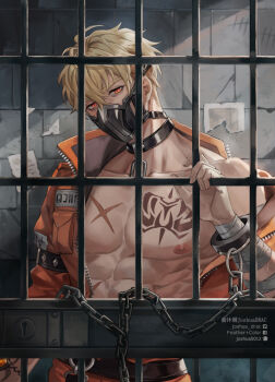 Rule 34 | 1boy, abs, arm belt, bags under eyes, bandaged arm, bandages, bare pectorals, belt, black belt, black choker, black mask, blonde hair, bracelet, brick wall, chain, chest tattoo, choker, collarbone, commentary request, covered mouth, cuffs, gem, handcuffs, holding bars, in cell, iron bars, jacket, jewelry, joshua drac, jumpsuit, large pectorals, looking at viewer, male focus, mask, mouth mask, muscular, muscular male, navel, nipples, nu carnival, official alternate costume, official alternate hairstyle, open clothes, open jacket, orange eyes, orange jacket, orange jumpsuit, orange pants, pants, pectorals, prison, prison cell, prison clothes, quincy (nu carnival), quincy (shackled thug) (nu carnival), scar, scar on chest, short hair, sleeve rolled up, solo, tattoo, undercut, zipper
