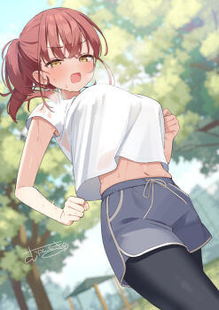 1girl breasts character_request exercising highres jogging large_breasts muninshiki navel shorts sweat sweatdrop tagme