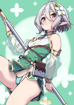 Rule 34 | 1girl, absurdres, antenna hair, breasts, detached sleeves, elf, flower, grey hair, hair between eyes, hair flower, hair ornament, highres, kokkoro (princess connect!), panties, parted lips, pointy ears, princess connect!, short hair, side-tie panties, small breasts, solo, umyonge (lkakeu), underwear