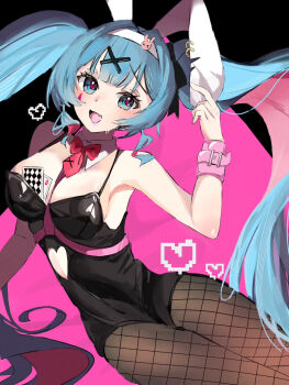 Rule 34 | 1girl, ahoge, animal ears, aqua eyes, aqua hair, arm up, armpits, black leotard, blush, bow, breasts, cleavage, collarbone, commentary request, cuffs, fake animal ears, hair ornament, handcuffs, hatsune miku, highres, leotard, looking at viewer, medium breasts, multicolored hair, open mouth, pantyhose, pink background, pink hair, playboy bunny, rabbit ears, rabbit hole (vocaloid), rabbit tail, red bow, red nails, red ribbon, ribbon, simple background, smile, solo, sweat, tail, user pmmw8455, vocaloid, wrist ribbon
