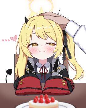 ... 1boy 1girl absurdres asymmetrical_sidelocks black_coat black_dress black_horns black_ribbon black_tail blonde_hair blue_archive blurry blurry_foreground blush cake closed_mouth coat commentary_request demon_girl demon_horns demon_tail depth_of_field dress food hair_ribbon halo headpat heart highres horns ibuki_(blue_archive) korean_commentary neck_ribbon partial_commentary pinafore_dress pointy_ears red_ribbon ribbon side_ponytail sidelocks simple_background sleeveless sleeveless_dress sleeves_past_fingers sleeves_past_wrists smile solo solo_focus strawberry_shortcake tail white_background yellow_eyes yellow_halo zing_(z_z_zing)