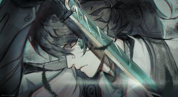 1boy absurdres armor black_hair black_vest character_request check_character check_copyright closed_eyes copyright_request double-parted_bangs glint hair_between_eyes head_down high_ponytail highres holding holding_sword holding_weapon logicsterrr male_focus ponytail portrait reverend_insanity shirt solo sword vest weapon white_shirt yuan_feng