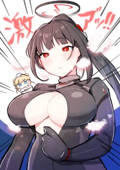 2girls absurdres animal_ears black_bodysuit black_hair black_halo blonde_hair blue_archive blue_eyes blue_halo bodysuit breasts cat_ears chibi cleavage commentary_request double_v halo highres large_breasts long_hair multicolored_halo multiple_girls official_alternate_costume official_alternate_hairstyle partially_unzipped red_eyes red_halo rio_(armed)_(blue_archive) rio_(blue_archive) toki_(blue_archive) urode v