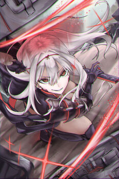 1girl absurdres armor armored_bodysuit black_bodysuit bodysuit brown_eyes fighting_stance from_above glint goddess_of_victory:_nikke grey_bodysuit grey_hair grin hair_between_eyes halo highres japanese_armor long_hair looking_at_viewer rapture_(nikke) ready_to_draw scarlet_(black_shadow)_(nikke) scarlet_(nikke) shoulder_armor smile sode solo sword weapon zero_(onimaru)