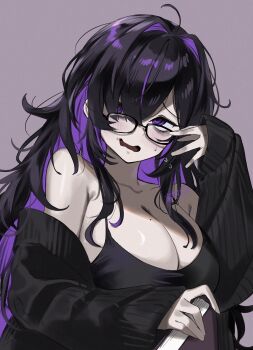 1girl @_@ absurdres bare_shoulders black-framed_eyewear black_cardigan black_dress black_hair blush book breasts cardigan cleavage collarbone colored_inner_hair commentary_request dress fujisaki_subaru glasses goddess_of_victory:_nikke hair_between_eyes hair_over_one_eye highres holding holding_book label_(nikke) large_breasts long_hair looking_at_viewer mole mole_on_breast multicolored_hair one_eye_covered open_mouth purple_eyes purple_hair solo sweat very_long_hair
