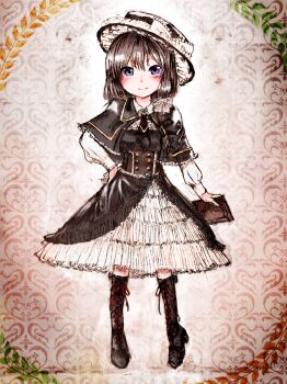 Rule 34 | 1girl, adapted costume, alternate eye color, alternate headwear, black boots, black capelet, black corset, black hat, black skirt, blue eyes, blush, book, boots, bow, brown hair, capelet, closed mouth, clothing request, collared shirt, commentary request, corset, footwear ribbon, frilled bow, frilled hat, frilled skirt, frills, hair bow, hand on own hip, hat, hat bow, highres, holding, holding book, leaf, lolita fashion, long sleeves, minus (sr mineka), necktie, red necktie, red ribbon, ribbon, shirt, short hair, skirt, smile, solo, standing, touhou, two-tone skirt, usami renko, white shirt, white skirt