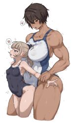 Rule 34 | blonde hair, blue eyes, breasts, brown hair, competition school swimsuit, dark-skinned female, dark skin, dry humping, futa with female, futanari, gym uniform, height difference, highres, humping, implied futanari, kei (m k), large breasts, long hair, m k, multiple girls, original, ponytail, red eyes, rika (m k), school swimsuit, short hair, simple background, size difference, standing, sweat, swimsuit, tall, tall female, tan, tomboy
