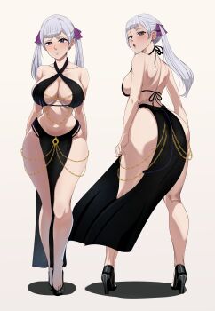 1girl absurdres ass back bare_shoulders black_clover breasts cleavage curvy dress from_behind high_heels highres huge_ass huge_breasts large_breasts legs looking_at_viewer looking_back midriff no_bra no_panties noelle_silva presenting purple_eyes revealing_clothes shiny_skin silver_hair standing the_amazing_gambit thick_thighs thighs twintails white_background wide_hips yomorio_lingerie