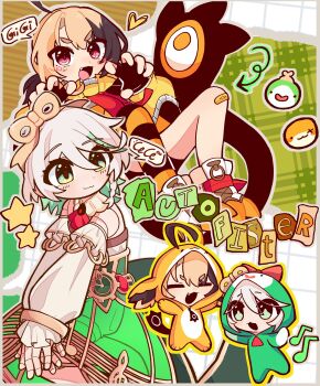 2girls absurdres ahoge arrow_(symbol) ascot bandaid bandaid_on_knee bandaid_on_leg blush bow cecilia_immergreen cecilia_immergreen_(1st_costume) character_hood character_name chibi chibi_inset claw_pose clawed_boots closed_mouth colorful commentary detached_collar detached_sleeves doll_joints dress english_commentary fang gigi_murin gigi_murin_(1st_costume) green_dress green_eyes grem_(gigi_murin) heart highres hololive hololive_english huge_ahoge jacket joints looking_at_viewer multicolored_hair multiple_girls musical_note_ornament open_mouth orange_hair otomo_(cecilia_immergreen) pajamas pink_eyes red_ascot red_bow single_thighhigh smile speech_bubble star_(symbol) streaked_hair striped_clothes striped_thighhighs tail thighhighs virtual_youtuber wankonanoo white_hair winding_key yellow_jacket