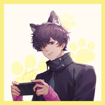 1boy absurdres animal_ears blue_eyes border chinese_commentary closed_mouth commentary_request extra_ears handheld_game_console hands_up heterochromia high_collar highres holding holding_handheld_game_console kamen_rider kamen_rider_ex-aid_(series) looking_at_viewer male_focus nannixiyu parad paw_print red_eyes short_hair smile solo upper_body yellow_border zipper zipper_pull_tab