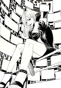 1girl absurdres black_footwear black_gloves black_jacket black_skirt ff2rose gloves gun handgun high_heels highres holding holding_weapon jacket light_smile lipstick long_hair long_sleeves makeup miniskirt monochrome open_clothes open_jacket ryuu_ga_gotoku_(series) ryuu_ga_gotoku_7 screen seonhee sitting skirt technology toes undershirt weapon white_background