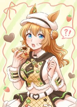 ! !? 1girl ? animal_ears blonde_hair blue_eyes blush breasts brown_neckerchief candy chocolate chocolate_heart commentary_request ears_through_headwear eating food food_on_face fruit hair_between_eyes hair_bun hat heart heart-shaped_food highres holding holding_food holding_pizza horse_ears horse_girl koyomeru large_breasts long_hair looking_at_viewer neckerchief official_alternate_costume open_mouth pizza pizza_slice shirt skirt sleeveless sleeveless_shirt speech_bubble spoken_exclamation_mark spoken_question_mark star_(symbol) strawberry taiki_shuttle_(baa_baa_patisserie)_(umamusume) taiki_shuttle_(umamusume) umamusume