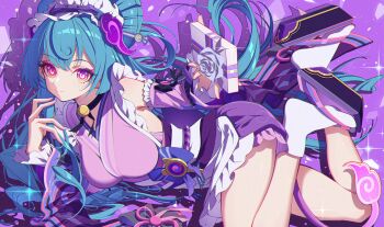 Rule 34 | 1girl, absurdres, apron, aqua hair, blush, box, breasts, closed mouth, commentary request, food, frilled apron, frilled sleeves, frills, full body, genshin impact, gift, gift box, hair between eyes, hair ornament, highres, holding, holding gift, holding own hair, japanese clothes, kimono, long hair, looking at viewer, maid, maid apron, maid headdress, medium breasts, nihongami, obi bow, pink eyes, pink kimono, pink nails, pointy ears, sandals, sleeveless, sleeveless kimono, smile, socks, tiandingfengren, wa maid, wagashi, white apron, white socks, yumemizuki mizuki