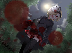 Rule 34 | 1girl, absurdres, axe, black hoodie, black thighhighs, blonde hair, blood, blood in hair, blood on clothes, blood on face, bloody weapon, blurry, blurry foreground, dutch angle, flat chest, from below, full moon, hair over one eye, highres, holding, holding axe, hood, hood down, hoodie, idolmaster, idolmaster cinderella girls, idolmaster cinderella girls starlight stage, long sleeves, looking at viewer, maka073, mask, mask on head, miniskirt, moon, night, night sky, on grass, open mouth, plaid, plaid skirt, pleated skirt, red eyes, red skirt, shirasaka koume, short hair, skirt, sky, sleeves past fingers, sleeves past wrists, smile, solo, standing, thighhighs, tree, weapon, zettai ryouiki