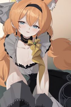 Rule 34 | 1girl, absurdres, animal ear fluff, animal ear headwear, animal ears, black headband, black overskirt, blue archive, blush, choker, d (delt4), dress, fake animal ears, fluffy hair, frilled choker, frills, grey dress, grey feathers, halo, headband, highres, idol, idol clothes, light smile, long hair, looking at viewer, mari (blue archive), mari (idol) (blue archive), official alternate costume, orange hair, smile, solo, sweat, wrist wrap, yellow halo