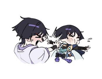 &gt;_&lt; 2boys aqua_kimono armor black_bodysuit black_bow black_bridal_gauntlets black_hair blue_cape blue_gemstone blunt_ends blush bodysuit bow bridal_gauntlets cape clothing_cutout commentary_request cropped_torso dual_persona facing_another facing_to_the_side feathers flying_sweatdrops gem genshin_impact gold gold_ring japanese_armor japanese_clothes juban kariginu kimono korean_commentary kote kurokote layered_sleeves middle_ring multicolored_hair multiple_boys open_clothes open_hands open_kimono open_mouth outstretched_arms pom_pom_(clothes) purple_hair purple_kimono purple_sleeves pushing scaramouche_(genshin_impact) scaramouche_(kabukimono)_(genshin_impact) shoulder_cutout spread_arms streaked_hair sweat sweatdrop tassel teeth three-quarter_sleeves vision_(genshin_impact) wanderer_(genshin_impact) white_background white_kimono white_sleeves x_makila yellow_feathers