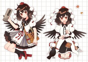 1girl bag bird black_bird black_hair black_ribbon black_skirt black_socks black_wings book bunbunmaru buttons closed_mouth collared_shirt commentary_request crow full_body geta ginkgo_leaf grey_skirt grid_background hat highres holding holding_newspaper juliet_sleeves kneehighs kneeling leaf long_sleeves looking_at_viewer maple_leaf medium_hair mozukuzu_(manukedori) multiple_views neck_ribbon newspaper open_mouth outline pen pointy_ears pom_pom_(clothes) puffy_short_sleeves puffy_sleeves red_eyes red_hat red_shoes ribbon shameimaru_aya shirt shoes short_sleeves shoulder_bag skirt socks tengu-geta tokin_hat touhou white_background white_outline white_shirt wings