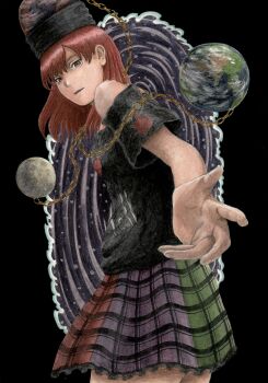1girl absurdres black_hat black_shirt chain commentary_request earth_(ornament) frilled_skirt frills gold_chain hat hecatia_lapislazuli highres legacy_of_lunatic_kingdom long_hair looking_at_viewer moon_(ornament) multicolored_skirt off-shoulder_shirt off_shoulder pandemonicka plaid_clothes plaid_skirt portal_(object) reaching reaching_towards_viewer red_eyes red_hair shirt short_sleeves skirt solo touhou traditional_media underworld_(ornament)