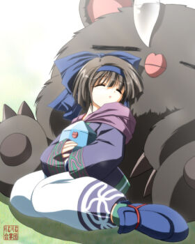1girl ainu_clothes artist_name black_hair blue_bow blue_hairband blue_shoes bow claws closed_eyes closed_mouth commentary creature f20_(funimaru) hair_bow hairband ice konril long_sleeves nose_bubble pants rimururu samurai_spirits shoes short_hair sitting sleeping sleeping_upright sleeves_past_wrists wariza white_pants wide_sleeves