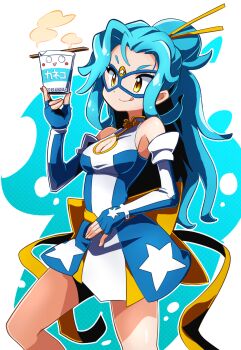Rule 34 | 1girl, :q, back bow, blue gloves, blue hair, blue shirt, blue skirt, bow, breasts, cleavage cutout, clothing cutout, commentary request, cowboy shot, cup, drinking glass, elbow gloves, eye mask, fingerless gloves, gloves, hair bun, hair ornament, hair stick, hand up, highres, holding, holding cup, instant cup noodles, instant noodles, kamen america (comic), kamen ramen, licking lips, long hair, looking at food, mask, medium breasts, miniskirt, print skirt, sakurajyousui nami, shirt, skirt, sleeveless, sleeveless shirt, solo, standing, star (symbol), star print, steaming food, tongue, tongue out, yellow bow, yellow eyes