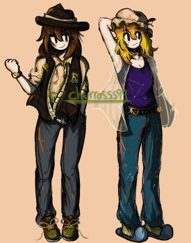 Rule 34 | 2girls, absurdres, alternate costume, arm behind head, artist name, belt, black belt, blonde hair, blue pants, blue slippers, blush, breasts, brown hair, brown hat, brown shoes, churros99, cleavage, clothing request, collared shirt, commentary request, hair between eyes, hand in pocket, hat, highres, jacket, maribel hearn, medium hair, mob cap, multiple girls, pants, plaid clothes, plaid hat, plaid jacket, purple shirt, shirt, shoes, short sleeves, sleeveless, sleeveless jacket, sleeveless shirt, slippers, spanish commentary, touhou, usami renko, watch, white hat, white shirt, wristwatch, yellow background, zipper