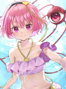 1girl alternate_costume bikini black_hairband bubble closed_mouth collarbone commentary_request hair_ornament hairband heart heart_hair_ornament highres komeiji_satori looking_at_viewer navel pink_hair purple_bikini purple_eyes red_eyes shironeko_yuuki short_hair signature smile solo swimsuit third_eye touhou upper_body water_drop