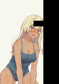 1girl absurdres bar_censor blonde_hair blue_eyes blush breasts censored competition_swimsuit daipunch dark-skinned_female dark_skin galzaki-san_(daipunch) highres large_breasts long_hair one-piece_swimsuit original penis_awe sexually_suggestive sweat swimsuit