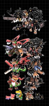 Rule 34 | agumon, claws, digimon, digimon (creature), dream tiger (govy9807), evolutionary line, fusion, gabumon, garurumon, greymon, gummigoo, highres, looking at viewer, metalgarurumon, metalgreymon, one eye closed, oridigi, original, smile, the amazing digital circus, wargreymon, weregarurumon, wink