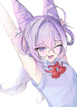 1girl :3 ahoge arm_up armpits blue_eyes blue_shirt blush bow bowtie braid braided_bangs braided_twintails bugi_(bu_gi2) collared_shirt commentary cone_hair_bun double_bun glasses hair_bun hair_intakes hair_ornament hair_rings highres long_hair looking_at_viewer one_eye_closed open_mouth pom_pom_(clothes) pom_pom_hair_ornament raised_inner_eyebrows red_bow red_bowtie round_eyewear shirt short_sleeves simple_background smile solo stellive stretching symbol-only_commentary tenko_shibuki twin_braids upper_body virtual_youtuber white_background wing_collar