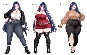 Rule 34 | 1girl, anklet, aqua eyes, bag, belt, black boots, black gloves, black hair, black hairband, black shoes, black skirt, blue eyes, blue hair, boots, bracelet, braid, breasts, brown sweater, camisole, cat ornament, cellphone, chain, chain belt, choker, cleavage, covered navel, cross, cross necklace, denim, dress, earrings, english text, fingerless gloves, fingernails, flower, frown, glasses, gloves, gun, hair flower, hair ornament, hair over shoulder, hair ribbon, hair tie, hairband, hand on own hip, handbag, handgun, heart, heart necklace, high-waist pants, high heels, highres, holding, holding gun, holding phone, holding weapon, hoop earrings, jacket, jeans, jewelry, large breasts, leather, leather jacket, lips, long fingernails, long hair, long skirt, multiple views, necklace, open clothes, open jacket, original, pants, patent boots, patent heels, phone, pistol, plump, red dress, red nails, red ribbon, ribbon, ring, rose, rose ring, shirt, shoes, single braid, skirt, sleeveless, sleeveless dress, smartphone, smile, solo, standing, strapless, strapless dress, sweater, thick thighs, thigh boots, thighhighs, thighs, tifa (iluvei), very long hair, weapon, white background, white shirt, wide hips, zettai ryouiki