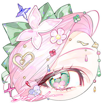 Rule 34 | 1girl, bow, character request, check character, close-up, curtained hair, eyelashes, flower, flower in eye, fluttershy, fluttershy (equestria girls), gem, green bow, green eyes, hair bow, hair flower, hair ornament, heart, heart hair ornament, highres, kitikiti, my little pony, my little pony: equestria girls, my little pony: friendship is magic, pink flower, pink hair, sample watermark, simple background, solo, symbol in eye, watermark, white background