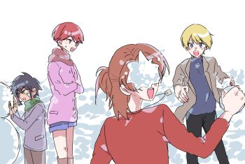 1girl 2boys absurdres daimon_masaru_(digimon_savers) digimon digimon_savers fujieda_yoshino gotm_tknr happy highres looking_at_another multiple_boys short_hair snow snowman thoma_h._norstein