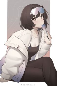 1girl absurdres arknights bright_pupils brown_eyes brown_hair brown_overalls choker closed_mouth collarbone crossed_legs feet_out_of_frame goggles goggles_on_head highres holding invisible_chair jacket long_sleeves looking_at_viewer n3rooh off_shoulder overalls roberta_(arknights) shirt short_hair sitting ski_goggles solo white_choker white_jacket white_pupils white_shirt