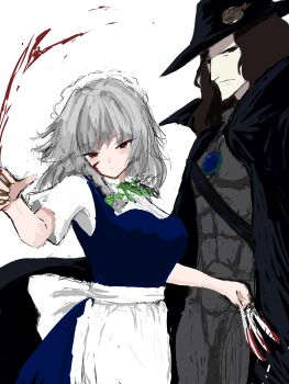 Rule 34 | 1boy, 1girl, :/, abs, absurdres, apron, black cape, black hair, blood, blood splatter, bloody knife, blue dress, bodysuit, breasts, cape, closed mouth, d (vampire hunter d), dress, green ribbon, grey bodysuit, grey hair, hat, highres, holding, holding knife, holding weapon, izayoi sakuya, knife, large breasts, maid headdress, medium hair, moriforest1040, neck ribbon, red eyes, ribbon, short sleeves, simple background, touhou, vampire hunter d, waist apron, weapon, white apron, white background