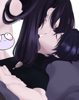 1boy 1girl absurdres artist_name black_choker black_collar black_hair black_shirt black_sleeves blush breasts byyou_all censored choker closed_eyes collar couple earrings eyelashes eyeliner eyeshadow facing_another foreplay french_kiss genshin_impact girl_on_top hand_on_another's_arm hetero highres jewelry kiss long_hair lying makeup medium_breasts mona_(genshin_impact) on_back purple_hair red_eyeliner red_eyeshadow scaramouche_(genshin_impact) shirt short_sleeves star_(symbol) star_choker star_earrings sweat topless_female twintails white_background