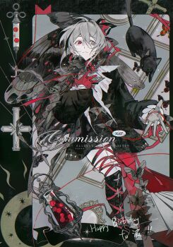 1girl absurdres ahoge animal asymmetrical_gloves asymmetrical_legwear black_dress bug butterfly_wings cat closed_mouth commission dress gloves grey_eyes grey_hair hai_yexing_ren hair_between_eyes hair_ornament happy_birthday head_wings heterochromia highres insect_wings long_hair long_sleeves looking_at_animal looking_to_the_side mihuashi_commission mirror mismatched_gloves mismatched_legwear mole mole_under_eye moth_wings original pale_skin picture_frame red_eyes red_ribbon ribbon sidelocks solo syringe watermark wings