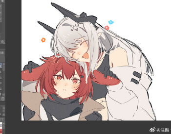 2girls :&lt; :d ^_^ acidinjection animal_ears arknights art_program_in_frame bare_shoulders black_gloves black_horns blush closed_eyes closed_mouth commentary_request crownslayer_(arknights) flower_symbol gloves grey_hair hands_on_another&#039;s_ears heads_together holding_ears horns long_hair mudrock_(arknights) mudrock_(elite_ii)_(arknights) multiple_girls off_shoulder open_mouth red_eyes red_hair short_hair smile sweatdrop unfinished watermark weibo_watermark yuri