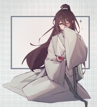 1boy black_eyes black_hair chinese_clothes cup full_body hanfu high_ponytail highres holding holding_cup hong_lu_(project_moon) kokiing limbus_company long_hair long_sleeves looking_at_viewer male_focus one_eye_closed ponytail project_moon simple_background sitting solo white_background white_hanfu