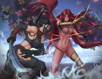 2girls amputee battle covered_eyes elden_ring fromsoftware golden_sword hybridmink malenia_blade_of_miquella malenia_goddess_of_rot mechanical_arms multiple_girls ninja original prosthesis prosthetic_arm prosthetic_leg sekiro:_shadows_die_twice single_mechanical_arm triple_amputee