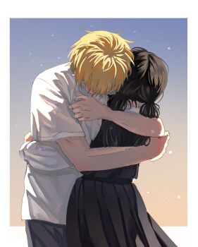 1boy 1girl black_dress black_hair blonde_hair chainsaw_man denji_(chainsaw_man) dress eananaia fourth_east_high_school_uniform highres hug long_hair long_sleeves low_twintails mitaka_asa pinafore_dress school_uniform shirt short_hair short_sleeves sleeveless sleeveless_dress twintails white_shirt