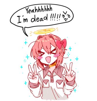 >_< 1girl :d blush_stickers bow breast_pocket buttons closed_eyes commentary doki_doki_literature_club double-parted_bangs english_text facing_viewer fake_halo fang hair_between_eyes hair_bow hair_intakes halo hands_up happy long_sleeves noose open_mouth pajamas pink_hair pocket red_bow sayori_(doki_doki_literature_club) short_hair simple_background skin_fang smile solo sparkle speech_bubble suicide ting_mong upper_body v v-shaped_eyebrows w white_background xd