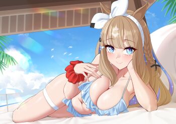 1girl absurdres almond_eye_(umamusume) alternate_costume animal_ears beach bikini blue_bikini blue_sky bow_hairband braid braided_sidelocks breasts cleavage colored_inner_hair commentary english_commentary frilled_bikini frills hair_ornament hairband hairclip highres horse_ears horse_girl horse_tail large_breasts long_hair looking_at_viewer lying multicolored_hair necropoi on_side outdoors scrunchie sky smile solo swimsuit symbol-shaped_pupils tail thigh_strap umamusume white_hairband wrist_scrunchie x-shaped_pupils